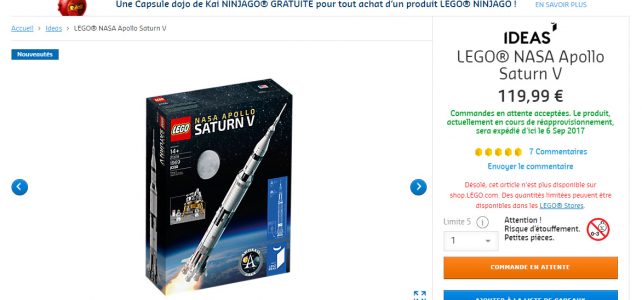 LEGO Ideas 21309 NASA Apollo Saturn V : de retour en ligne aussi ! LEGO Ideas 21309 NASA Apollo Saturn V en stock