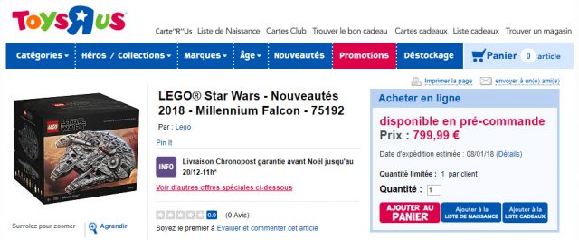 Précommande LEGO Star Wars 75192 Millennium Falcon UCS chez Toys R Us