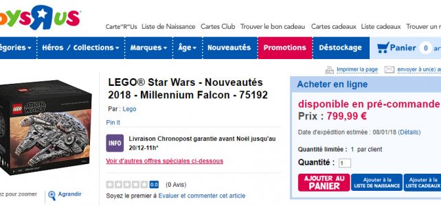 Précommande LEGO Star Wars 75192 Millennium Falcon UCS chez Toys R Us